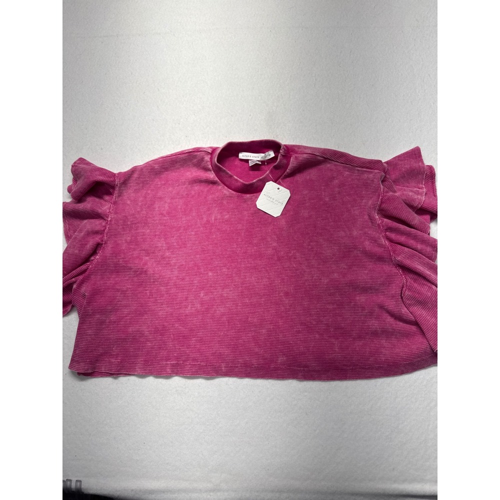 Altar'd State Shocking Pink Acid Wash Ruffle Sleeve Thermal Crop Top XS NEW